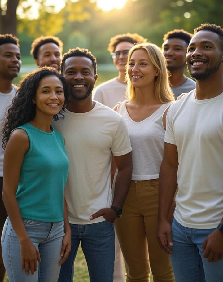Group of happy, focused, relaxed people outdoors.